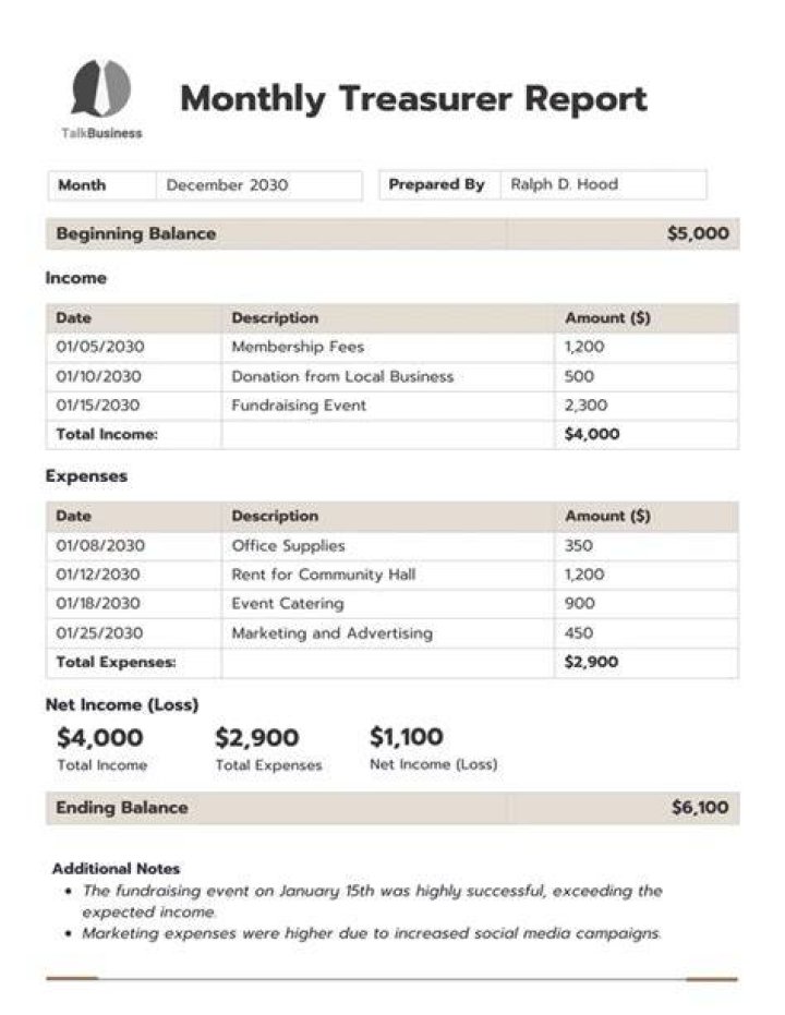 What should be included in a treasurer report?